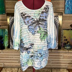 Cal Style USA Butterfly & Floral Print Tunic 3/4 Sleeve Size Large